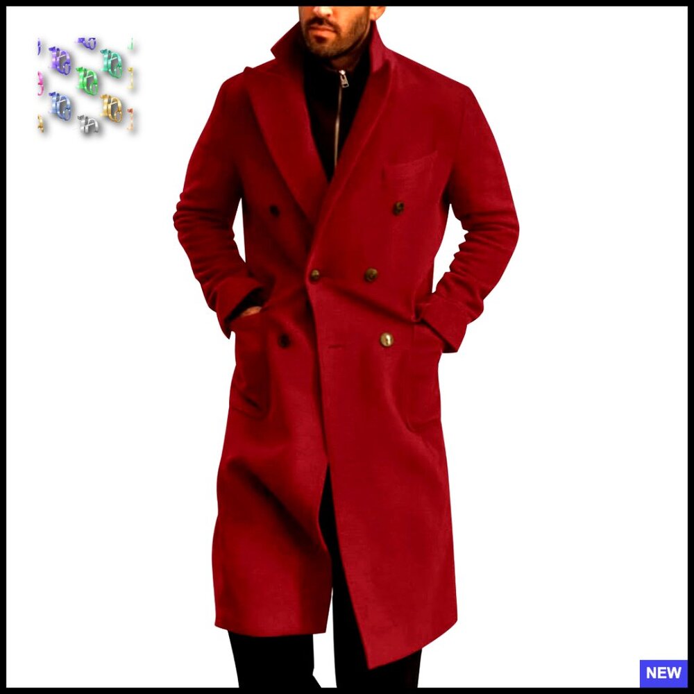Classic Wool Blend Trench Coat Double Breasted Notched Collar Winter Overcoat